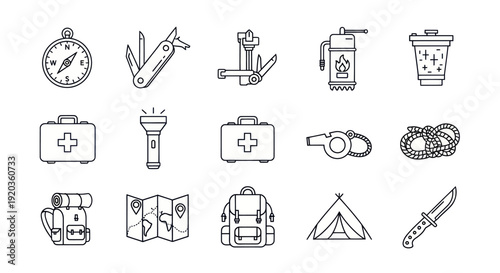 Outdoor Adventure Gear Icons: Compass, Knife, Backpack, Tent, Map, First Aid
