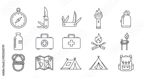 Outdoor Adventure Icons: Compass, Knife, First Aid, Tent, Backpack, Map