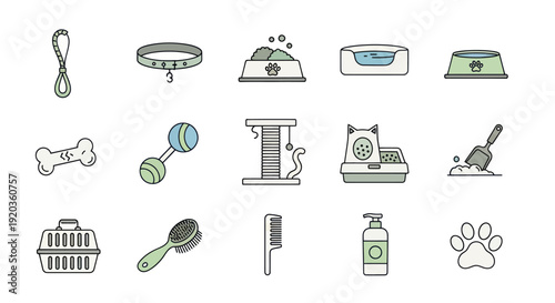 Pet Care Icons: Cat and Dog Accessories, Supplies, and Essentials Collection