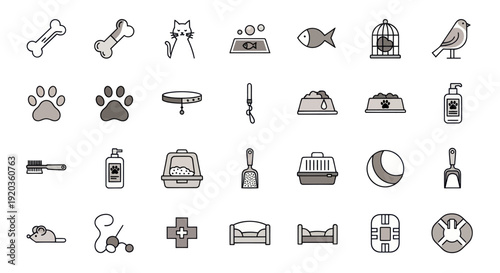 Pet Care Icons Set: Animals, Food, Accessories, Toys, and Health