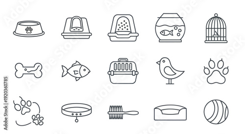Pet Supplies Icons: Food Bowl, Litter Box, Aquarium, Cage, Bone, Fish, Carrier, Bird, Paw Print