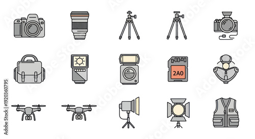 Photography Equipment Icons: Camera, Lens, Tripod, Drone, Flash, Bag, SD Card
