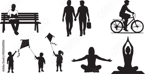 Silhouettes of people engaging in various leisure activities together