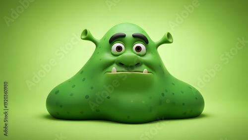 A green, cartoonish creature with a menacing expression sits on a green background, viewed from the front.
