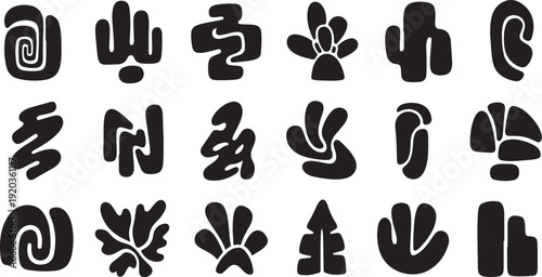 Abstract black symbols and shapes on white background pattern