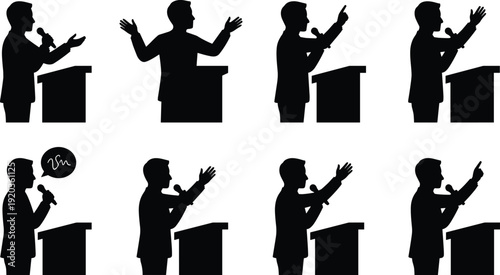 Public Speaking and Business Presentation Icon Set, Black Solid Silhouettes of Speaker at Podium with Microphone, Leadership Communication Concept