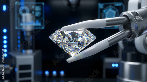 Macro Shot of Synthetic Lab Grown Diamond Held by Tweezers with Sharp Focus on Facets and Light Refraction in Professional High Tech Laboratory Setting