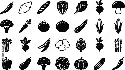 Vegetable icon set collection, black silhouette fresh farm produce symbols, healthy organic food vector illustration isolated on white background