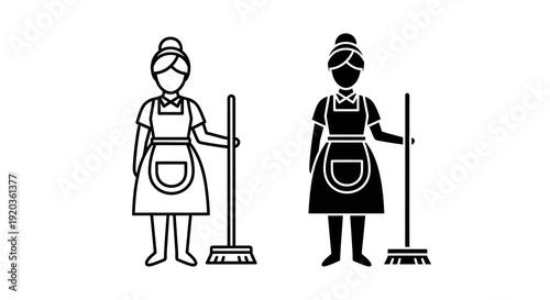 Two black and white icons depicting female cleaning staff with brooms and traditional uniforms high quality