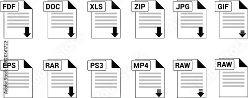File format icon silhouette vector set, black white clipart of document type download symbol design, computing illustration artwork bundle