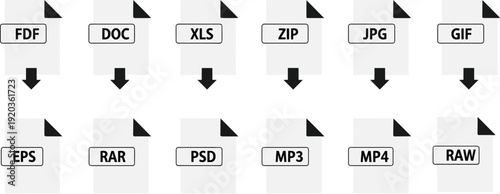 File type icon silhouette vector set, black white clipart of document format download symbol computing design, digital illustration artwork bundle