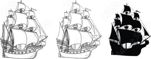 Sailing ship silhouette vector set, black white clipart of classic tall masts rigging line drawing shaded outline design, nautical illustration artwork bundle