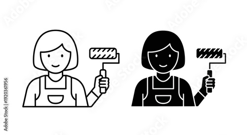 Two depictions of a woman holding a paint roller shown in outline and solid black styles