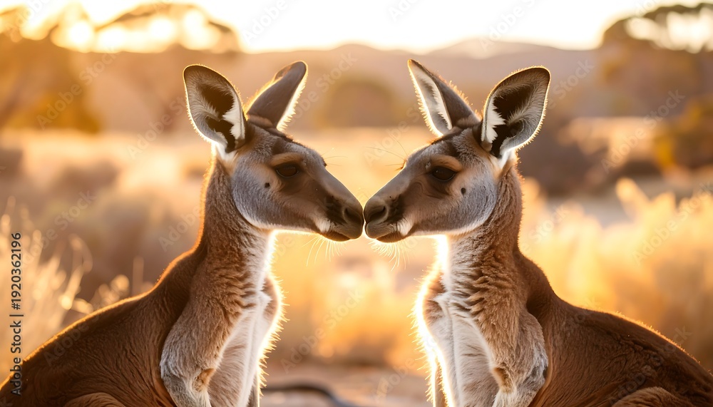 Fototapeta premium Kangaroos Facing at Sunset