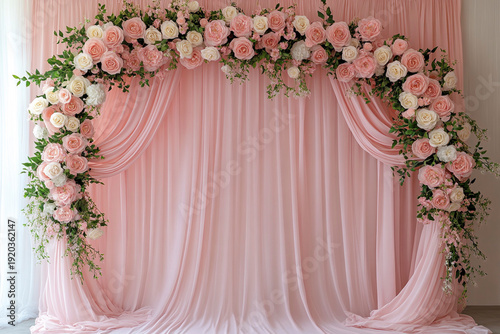 Elegant floral arch with pink and white roses and greenery, set against soft pink draped fabric, creating a romantic and delicate backdrop.
