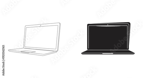 Two laptop computer illustrations one with a white fill and one solid black side by side high quality