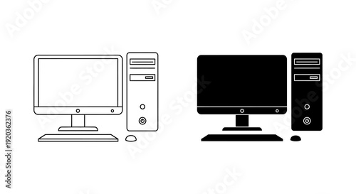 Two computer setups are shown one white outline and one solid black side by side high quality professional