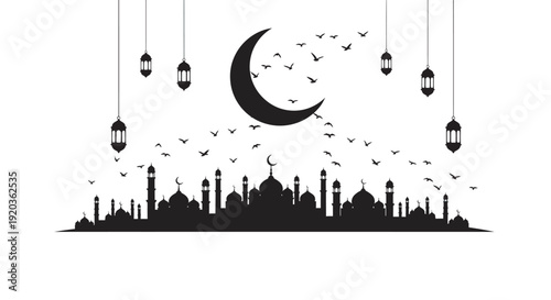 Grunge urban city skyline silhouette with Ramadan Kareem