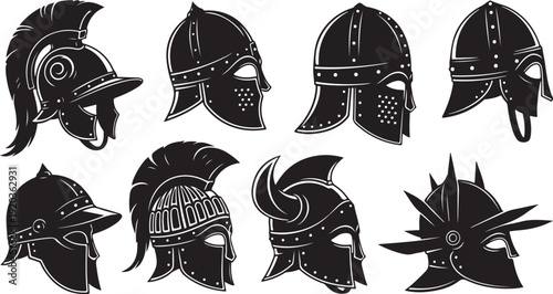 Collection of various medieval warrior helmets and headgear designs