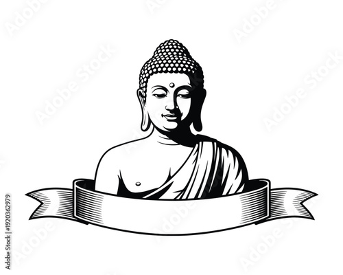 Intricate illustration of Buddha with a decorative banner isolated on transparent background