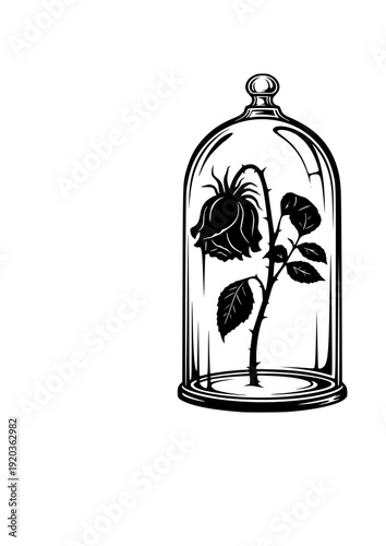 Dark Academia Wilted Rose in Bell Jar Sticker Silhouette. Gothic Romanticism and Vintage Floral Aesthetic Design Vector.