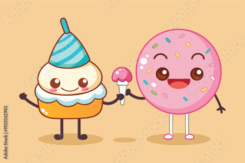 Friendly dessert duo sharing sweet treats with joyful expressions