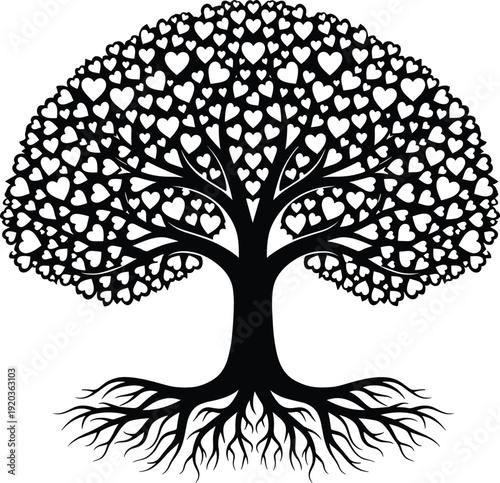 Black silhouette vector illustration of a large family tree with many heart shaped leaves and strong roots, conceptual love growth,