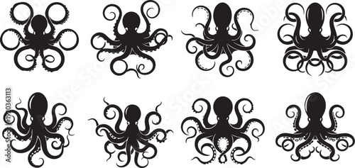 Collection of black octopus silhouettes on white background