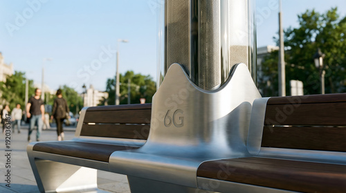 Future 6G Telecommunications Tower Integrated into Smart City Street Furniture Featuring Sleek Hidden Antennas and Metallic Finish in Natural Daylight