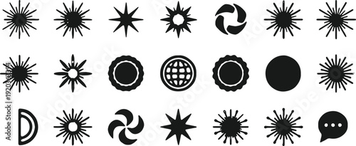 Vector Sun and Star Icon Collection, Minimalist Black Silhouette Celestial Symbols, Solar Graphics, Weather App UI Elements, and Geometric Astronomy Shapes Set