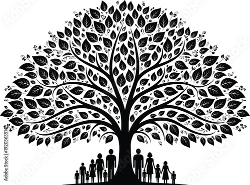 Black silhouette vector illustration of a large family tree with many leaves and strong roots, conceptual growth and genealogy icons,