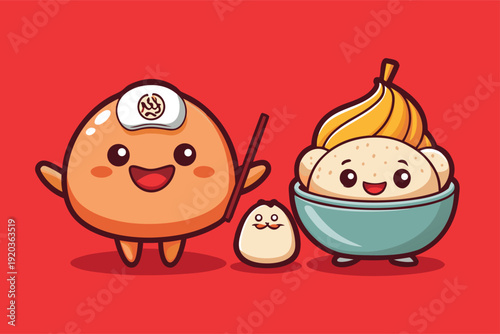 Cute cartoon food characters enjoying a meal together happily