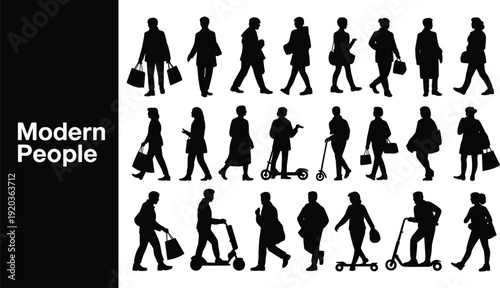 Collection of modern people silhouettes walking, shopping and riding electric scooters, illustrating urban lifestyle, city commuters, diverse pedestrians, and contemporary transportation concept.