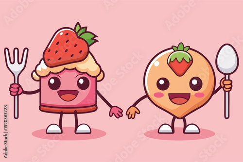 Cute cartoon desserts with strawberry toppings holding hands