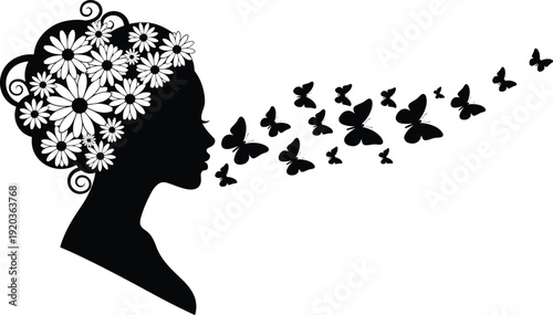 Black silhouette vector illustration of a woman side profile with daisy flowers in hair and butterflies flying from her mouth,