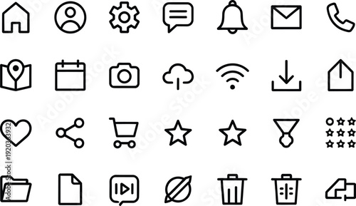 Collection of minimalist line icons representing common app functions and activities isolated on transparent background