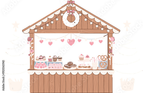 Cute bakery market stall with cupcakes sweets and decorations pastel vector illustration dessert shop stand isolated design