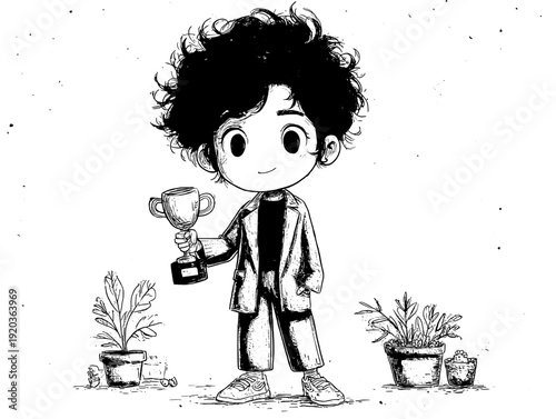 Green suit cartoon character 3D model, holding golden trophy victory pose, isolated background character design asset, rounded form friendly expression for game UI and animation production