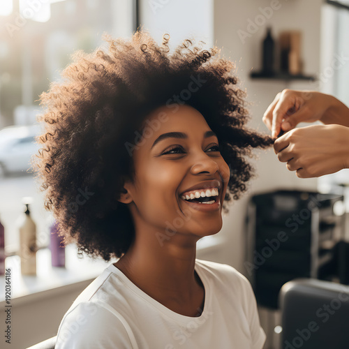 Smiling Woman Getting Hair Styled in a Bright Salon