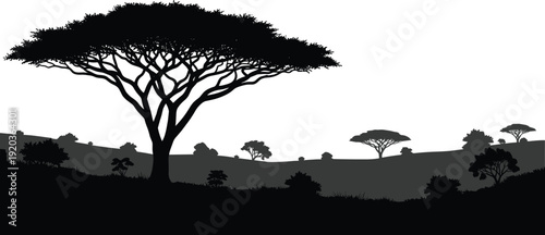 Black silhouette vector illustration of an African savanna landscape with acacia trees, wild nature wilderness scene, safari sunset background elements,