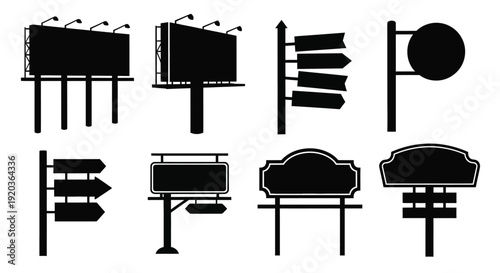 Collection of various black silhouette road signs and billboards