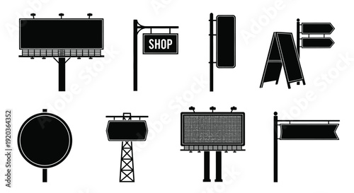 Collection of black silhouette road signs and billboards isolated on white