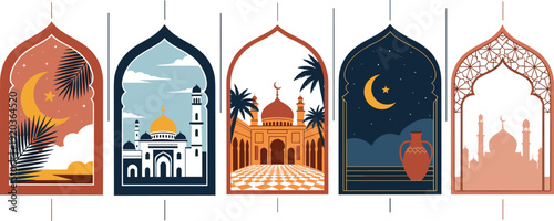 Islamic arch window frames with mosque desert night scenes vector illustration Ramadan decorative architecture set isolated