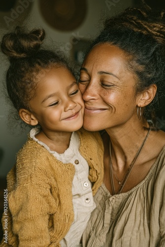 Mother and daughter share a tender kiss and smile, a warm, intimate family moment