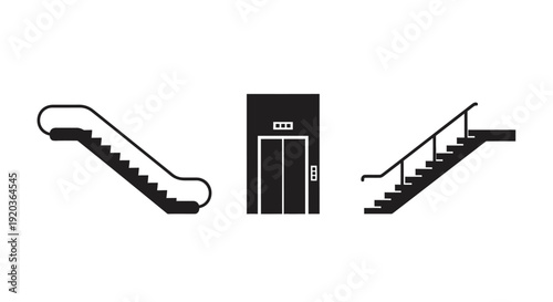 Simple black and white graphic of an escalator elevator and stairs