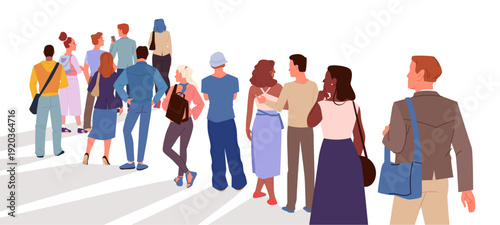 Group of men and women waiting in line, casual clothing, various ages and ethnicities, social interaction, modern lifestyle, community gathering, isolated vector illustration