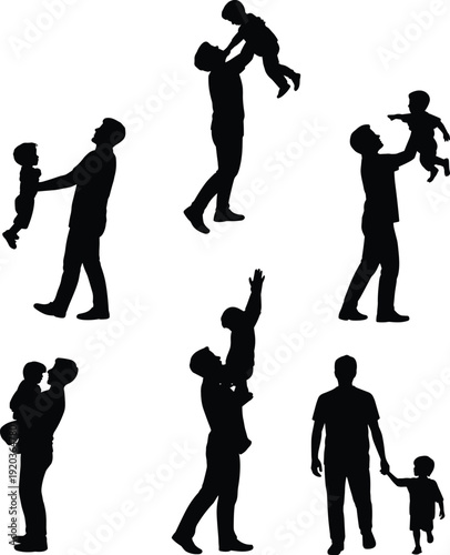 Father and child silhouettes collection showing dad lifting, holding and playing with son, happy family moments isolated vector illustration on white background