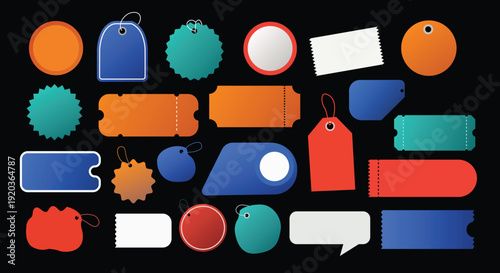 Set of colorful blank sale price tags labels collection isolated on black background