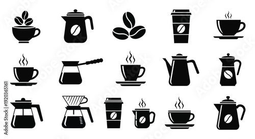 Black silhouette icons depicting various coffee makers beans and cups