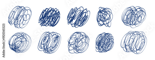 Blue pen lines set collection doodle hand drawn icon. Outline drawing messy line clipart symbol.